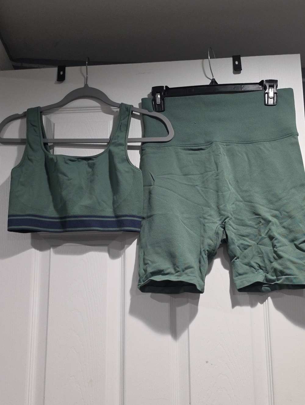 PINK Victoria's Secret Sage Green Bike Shorts Set with Navy Stripe